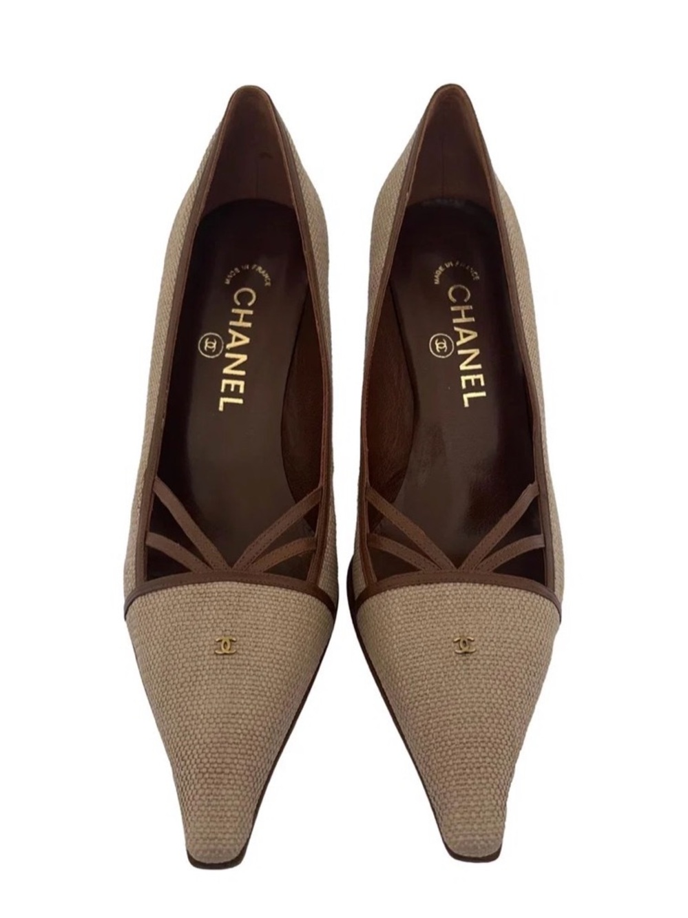 CHANEL Beige Pointed Toe Ballet Flats